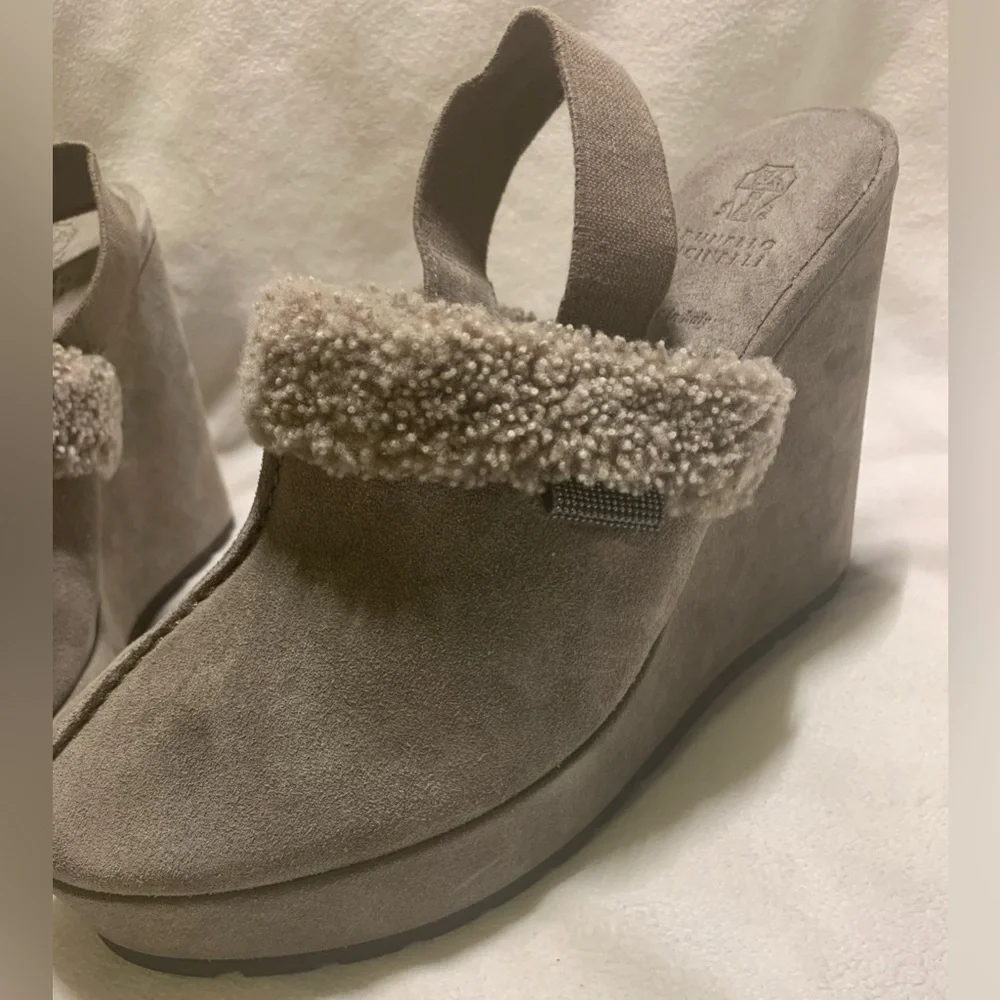 Brunello Cucinelli Suede Shearling Wedge Slingback Clogs Grey size EU 39 / US 9